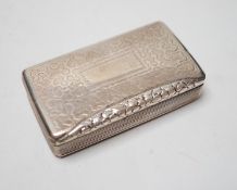 A late George IV engraved silver rectangular snuff box, with wriggle work decoration, William