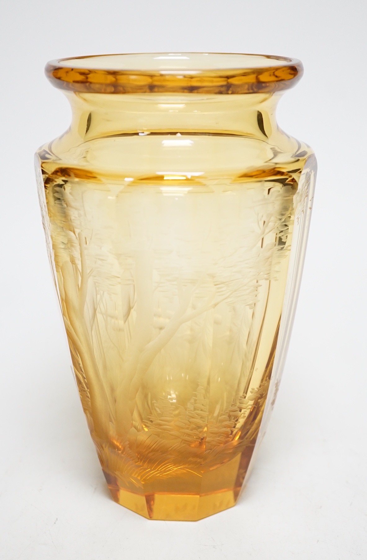 A Moser wheel engraved amber glass vase, 22cm