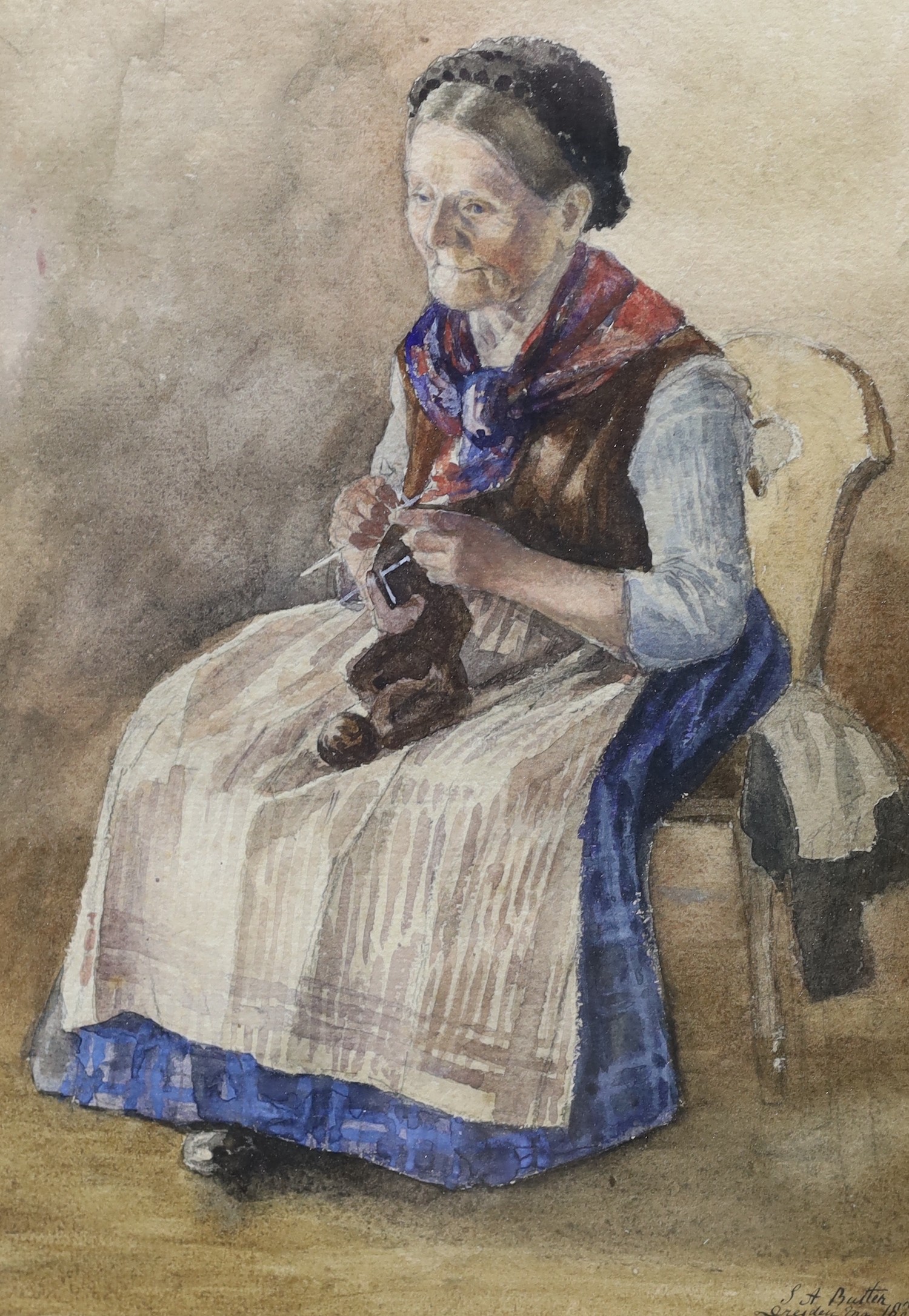 Three 19th century watercolours, 'Parish choir' by Webster, 31 x 49cm, Woman knitting by Miss Butler - Image 2 of 4