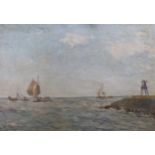 Jagt, oil on canvas, Sail barges entering harbour, indistinctly signed, 51 x 71cm, unframed