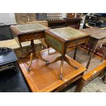 A pair of reproduction mahogany drop flap occasional tables, width 46cm, depth 38cm, height 60cm