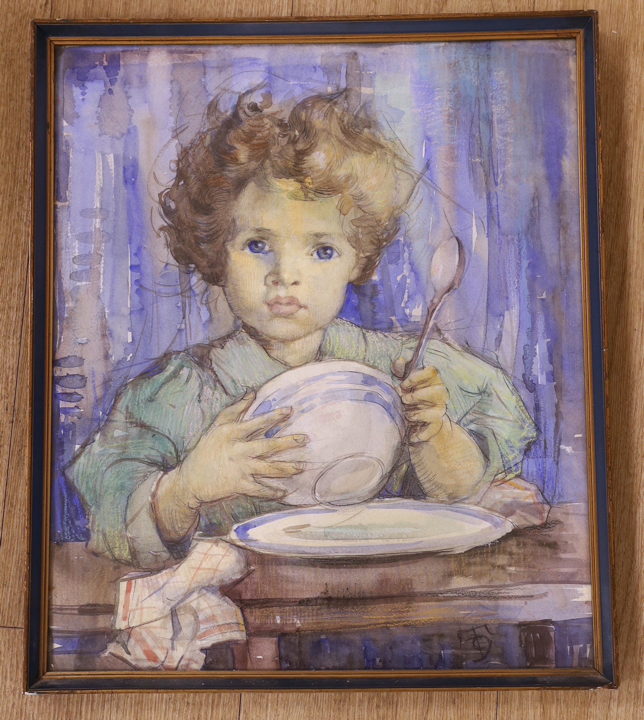 Roy Thompson, watercolour, Child holding a bowl, monogrammed, 45 x 38cm - Image 2 of 3