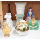 Three glass vases and an engraved bottle, two ceramic budai, Wedgwood Etruria vase, a jasper ware