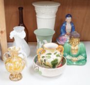 Three glass vases and an engraved bottle, two ceramic budai, Wedgwood Etruria vase, a jasper ware