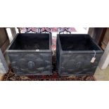 A pair of square fibreglass faux lead planters, 50cm, height 40cm