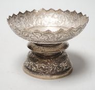 A Chinese Straits embossed white metal stem bowl, diameter 13cm, 172 grams.