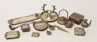 A small quantity of sundry collectable silver including a modern miniature four piece tea set of