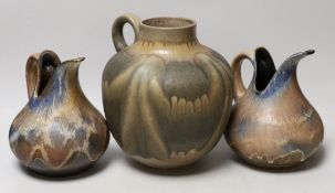 Three West German art pottery items; a pair of Dümler & Breiden, and a large ewer. Tallest 24cm
