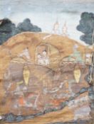 A 19th century Thai altar scroll, figures in landscape, 57x43cm