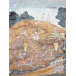 A 19th century Thai altar scroll, figures in landscape, 57x43cm