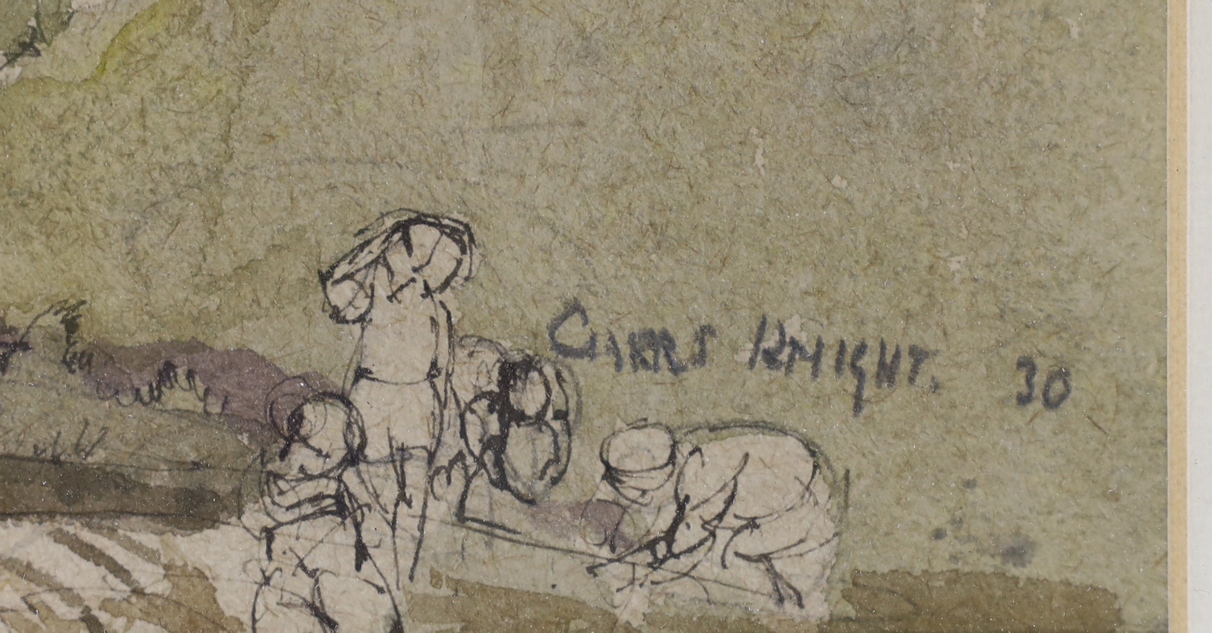 Charles Knight, 1901-1990, ink and watercolour, Labourers beside stone bridge, signed in pencil - Image 3 of 4