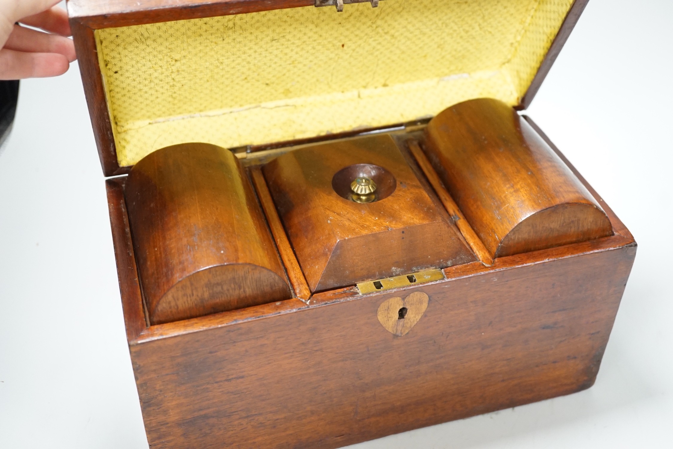 A late George III satinwood inlaid tea caddy and a later similar mahogany tea caddy, largest 30cms - Image 4 of 4