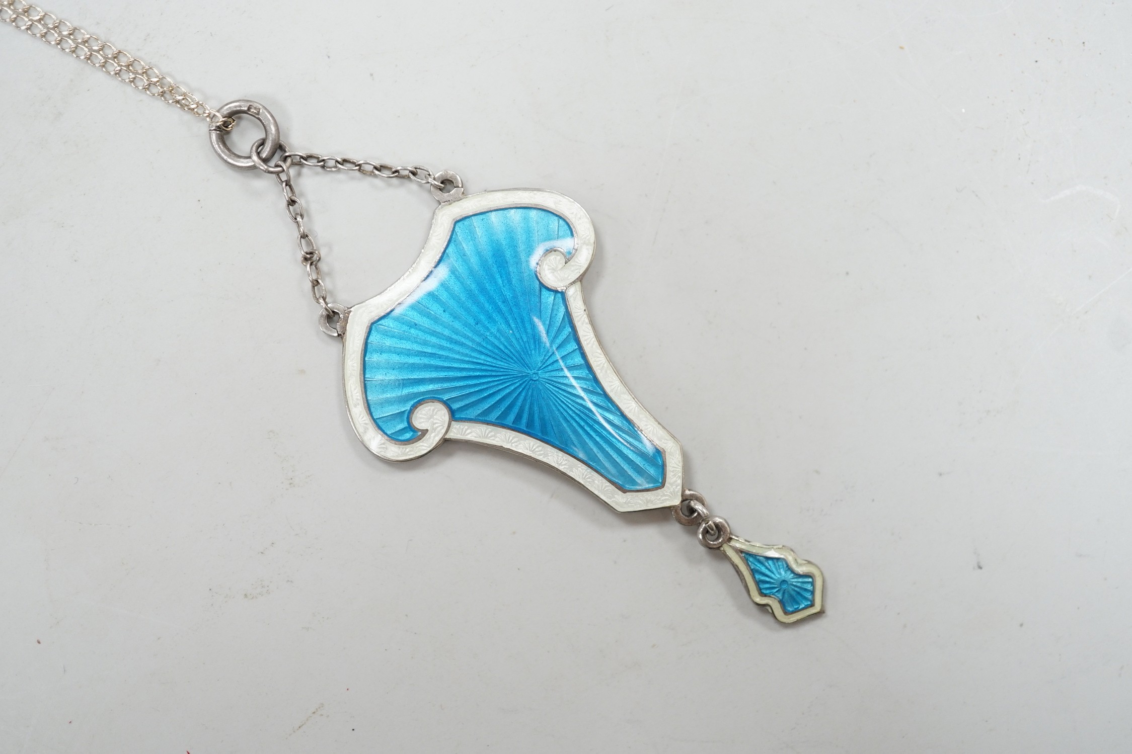 An Edwardian Art Nouveau silver and two colour enamel drop pendant necklace, J. Aitken & Son, - Image 2 of 4