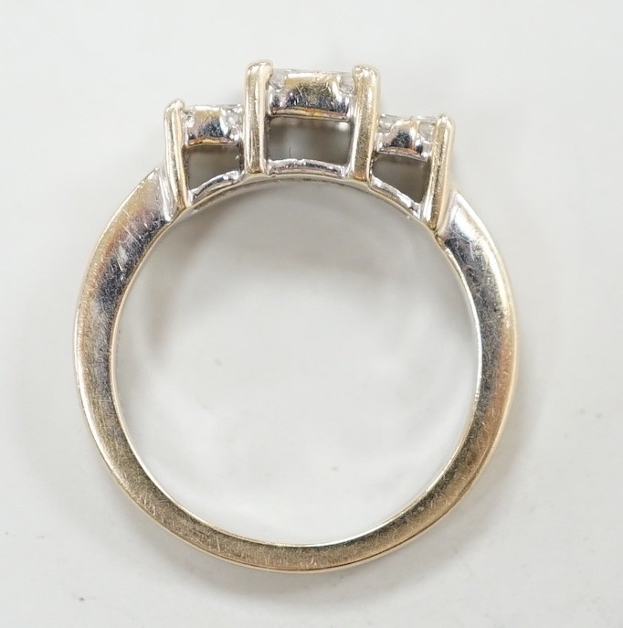 A modern 18ct white gold and triple princess cut diamond cluster set dress ring, size K, gross - Image 4 of 4