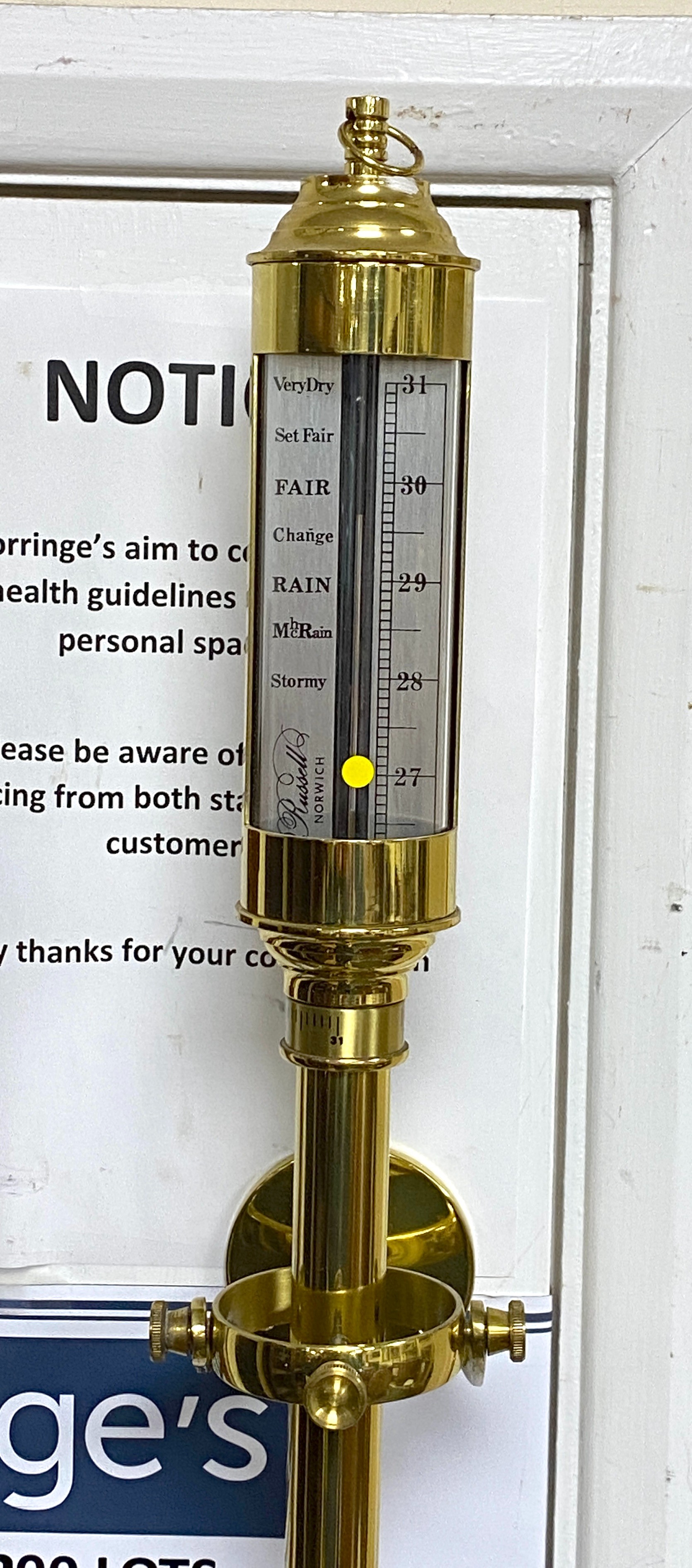 A reproduction brass ship's barometer and thermometer with gimbal mount, height 92cm - Image 2 of 3