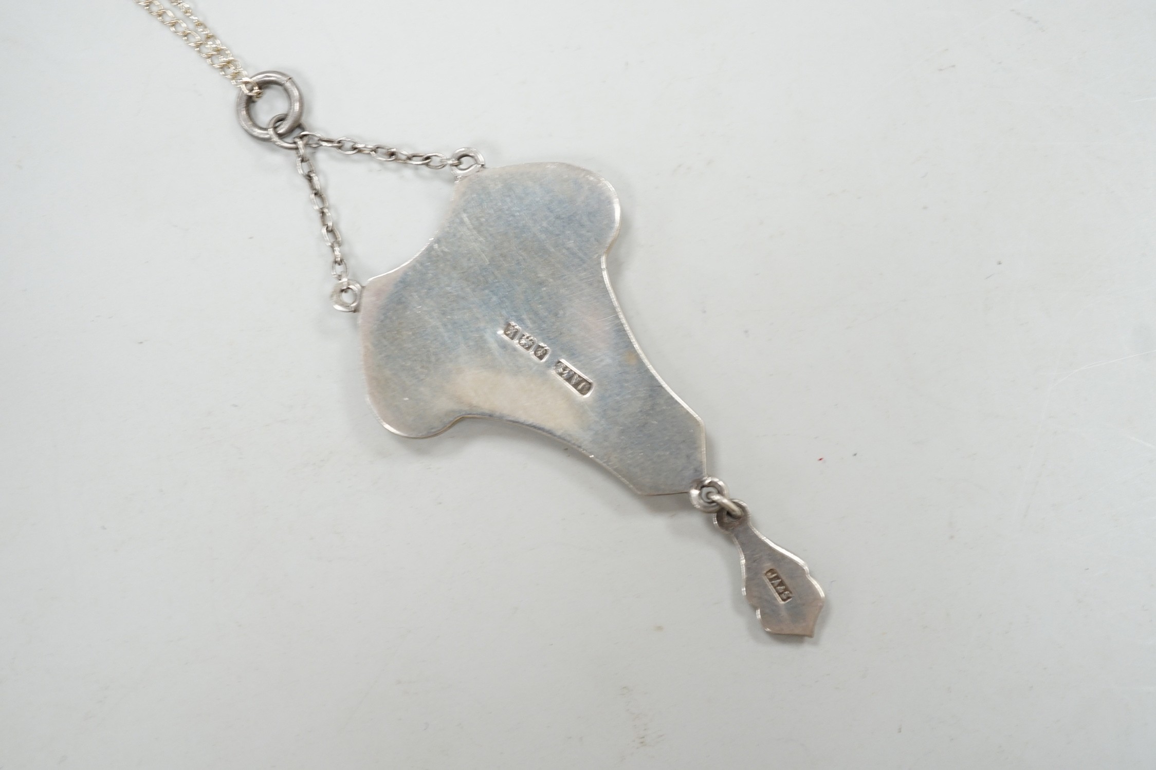 An Edwardian Art Nouveau silver and two colour enamel drop pendant necklace, J. Aitken & Son, - Image 3 of 4