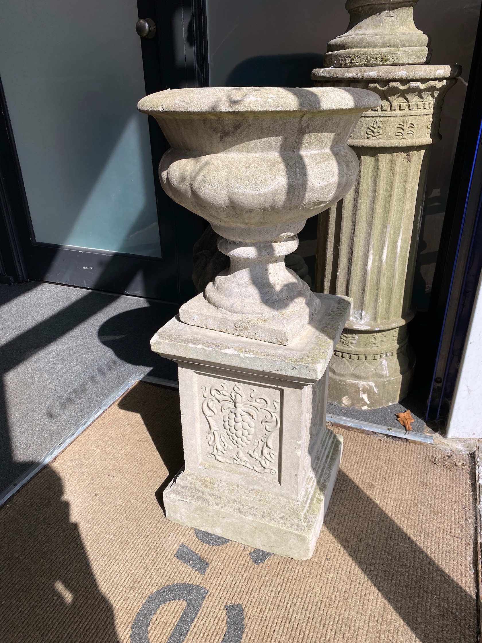 A pair of reconstituted stone campana garden urns on a near pair of square pedestals, larger - Image 3 of 3