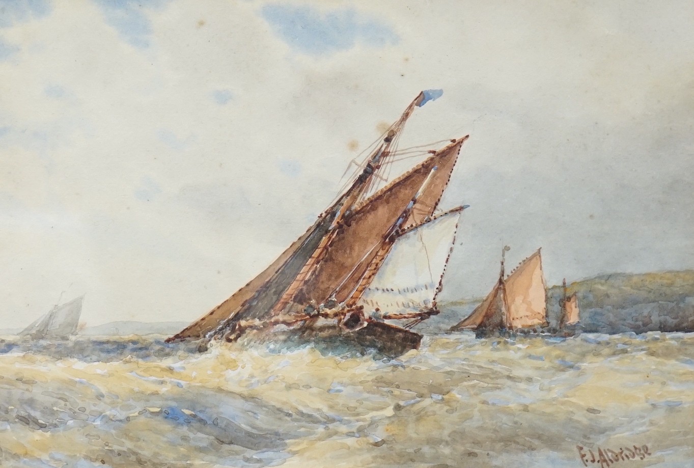 Frederick James Aldridge (1850-1893), watercolour, Fishing boats off the coast, signed, 17 x 24cm