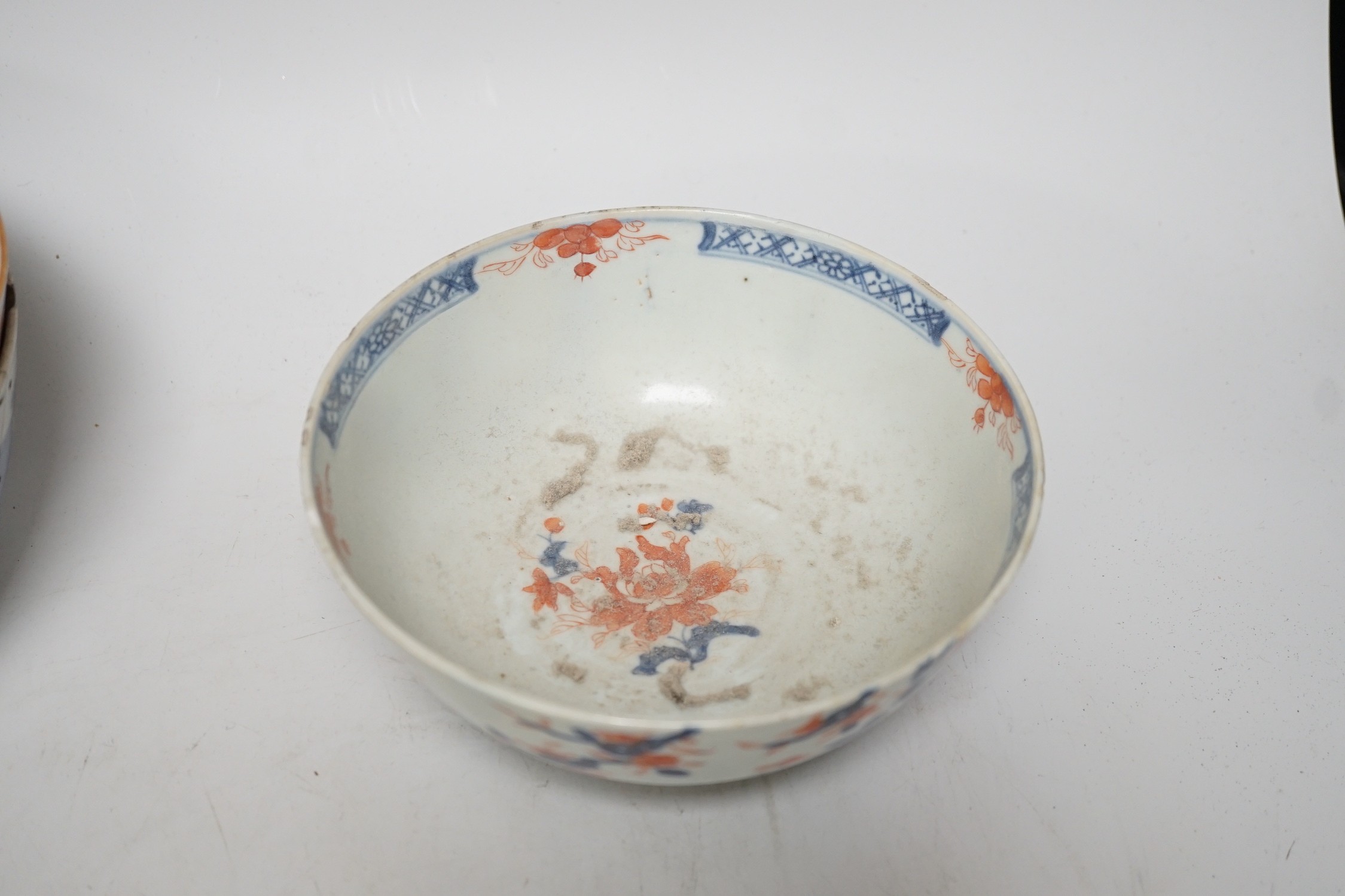 Six 18th century Chinese porcelain bowls (a.f.) and a Chinese imari plate, largest bowl 20cm - Image 10 of 13