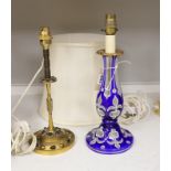 A Bohemian blue and white overlaid glass pedestal converted to a table lamp, together with a gilt