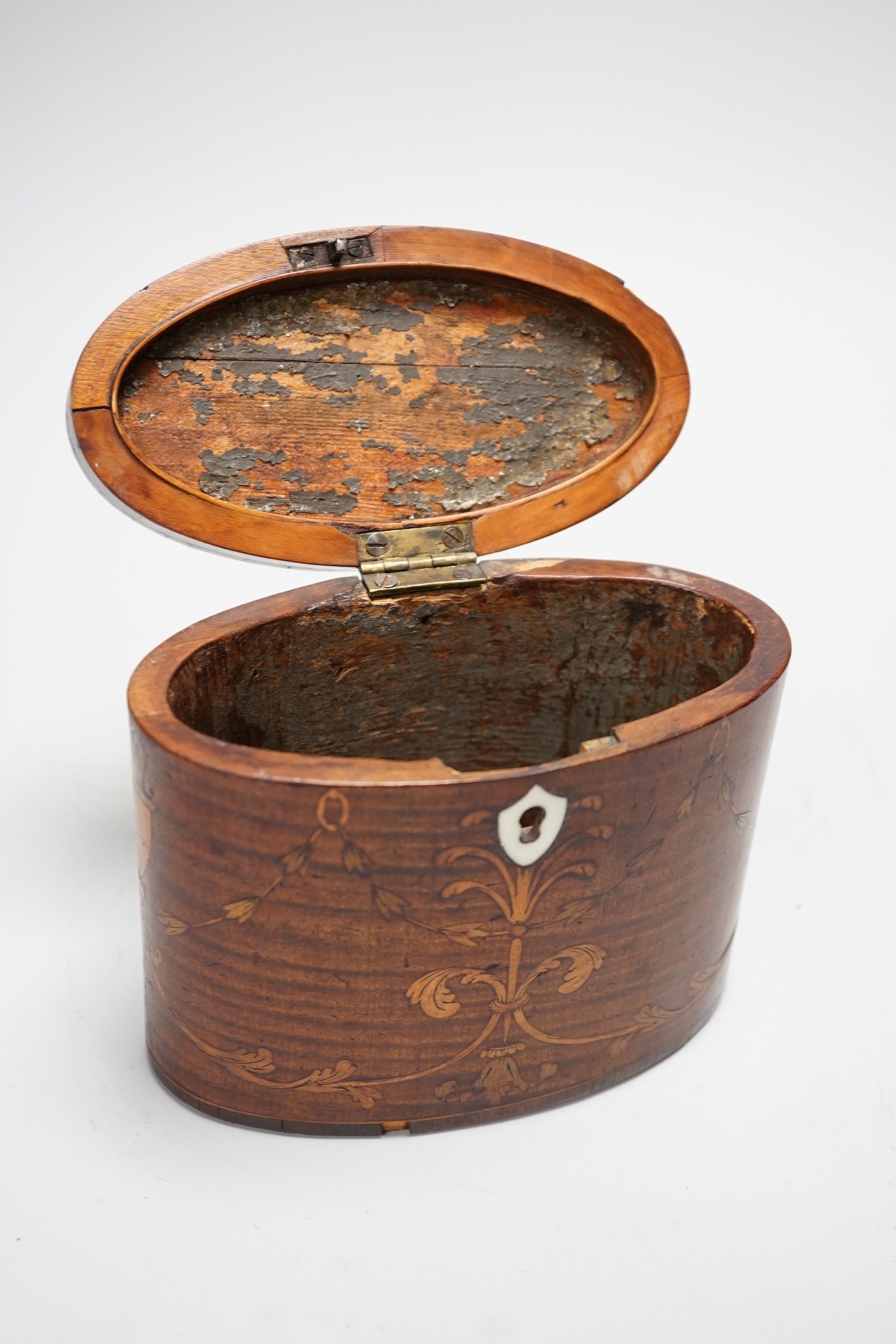 A George III oval harewood and marquetry tea caddy, c.1790, 12cms high x 15cms wide Ivory submission - Image 4 of 5