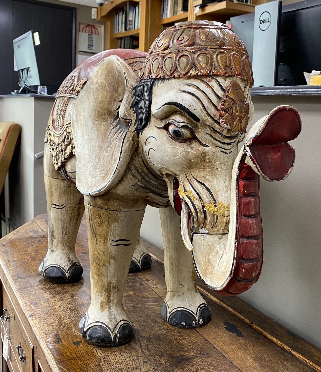 A large Indonesian painted wood model of an elephant, length 92cm, height 60cm - Image 2 of 2