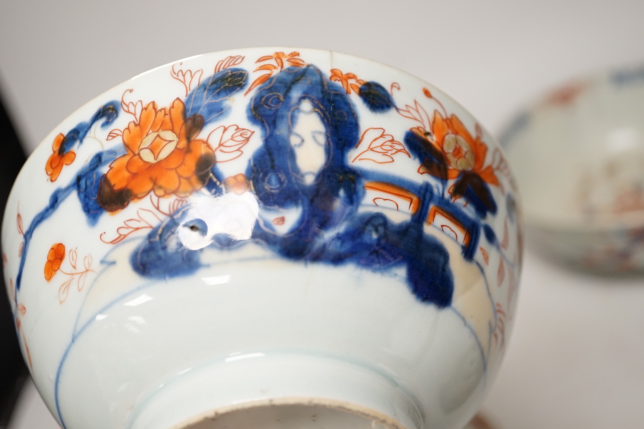 Six 18th century Chinese porcelain bowls (a.f.) and a Chinese imari plate, largest bowl 20cm - Image 9 of 13