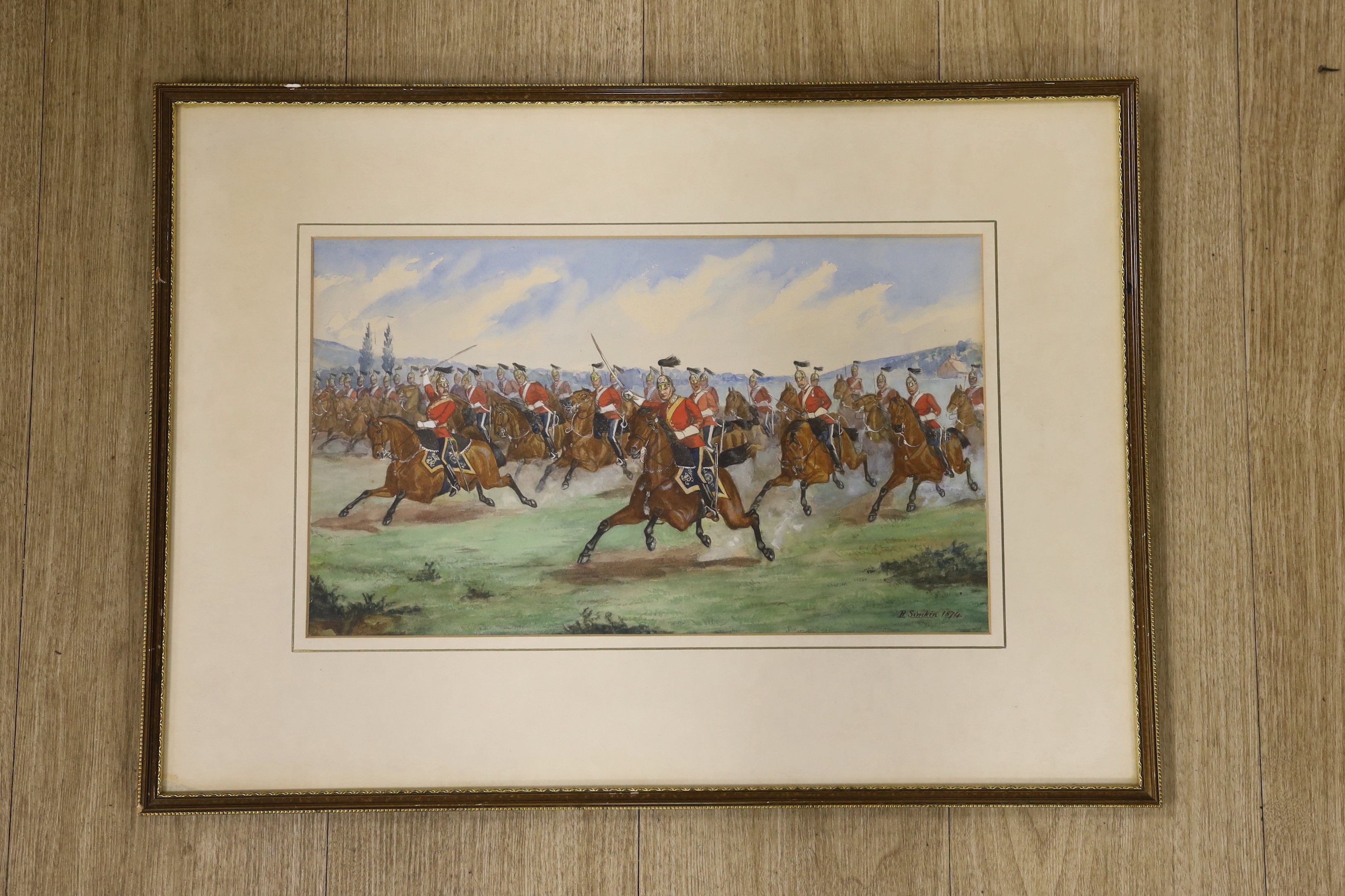 Richard Simkin (1840-1926), watercolour, Charging Cavalry, signed and dated 1874, 23 x 40cm - Image 2 of 3