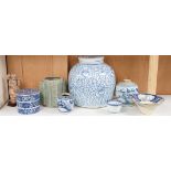 A group of 19th century blue and white jars, a stacking food box and two bowls, together with a