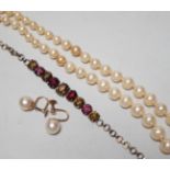 A gilt metal and coloured paste set bracelet, a pair of 9ct and cultured pearl set ear clips and a