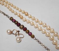 A gilt metal and coloured paste set bracelet, a pair of 9ct and cultured pearl set ear clips and a