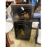 A 1920's chinoiserie lacquer corner bureau cabinet, width 69cm, depth 35cm, height 118cm