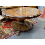 An early Victorian circular rosewood tilt top breakfast table, diameter 130cm, height 69cm