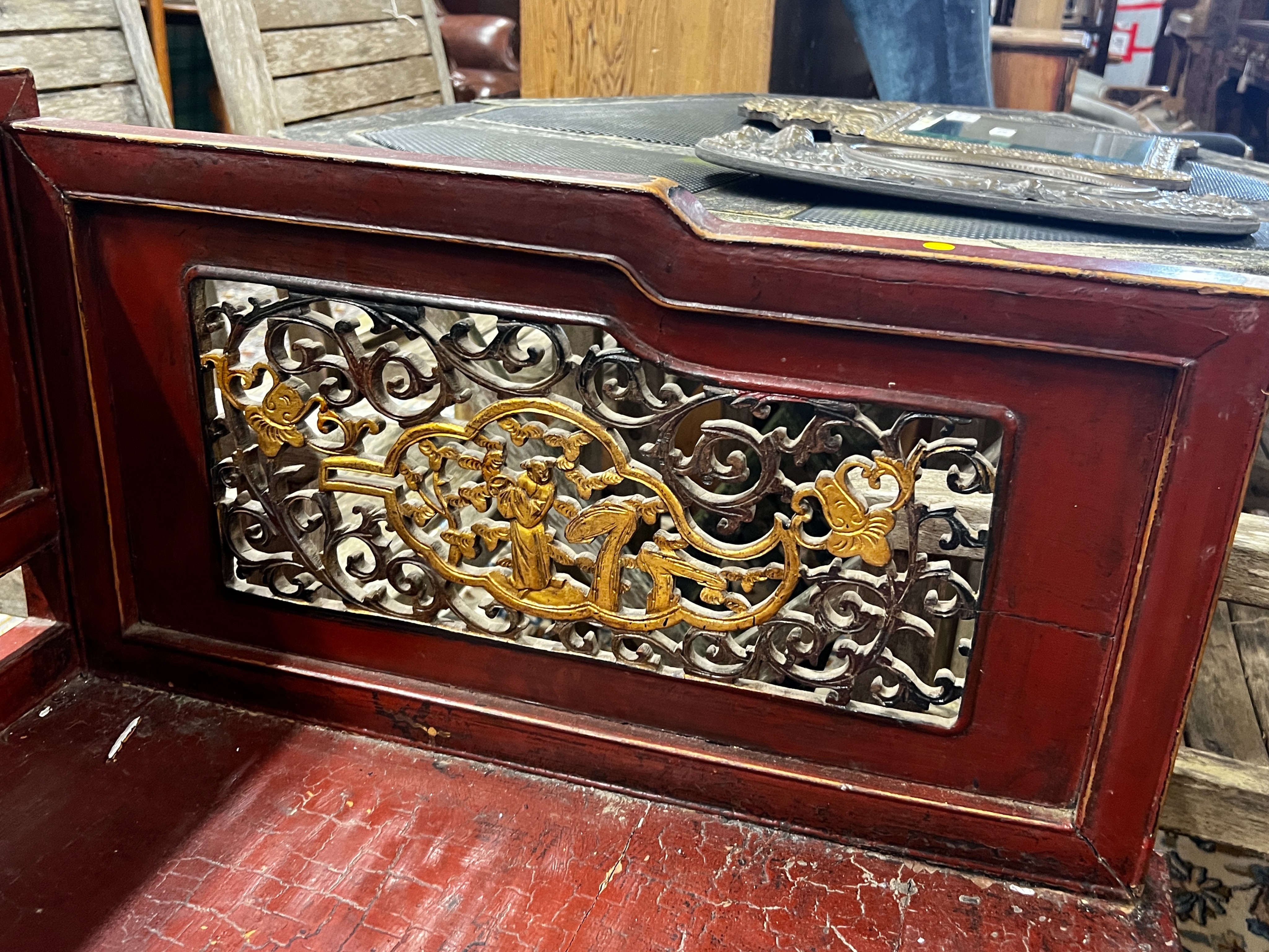 A Chinese scarlet lacquer parcel gilt bench, length 125cm, depth 70cm, height 97cm - Image 6 of 8