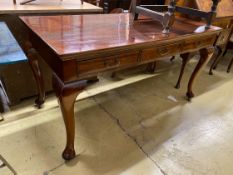 A reproduction Victorian style mahogany three drawer serving table, width 43cm, depth 70cm, height