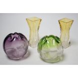 Two pairs of Moser wheel engraved coloured glass posy vases. Tallest 10cm