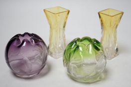 Two pairs of Moser wheel engraved coloured glass posy vases. Tallest 10cm