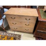 A small Victorian pine three drawer chest, width 91cm, depth 50cm, height 78cm