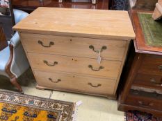 A small Victorian pine three drawer chest, width 91cm, depth 50cm, height 78cm
