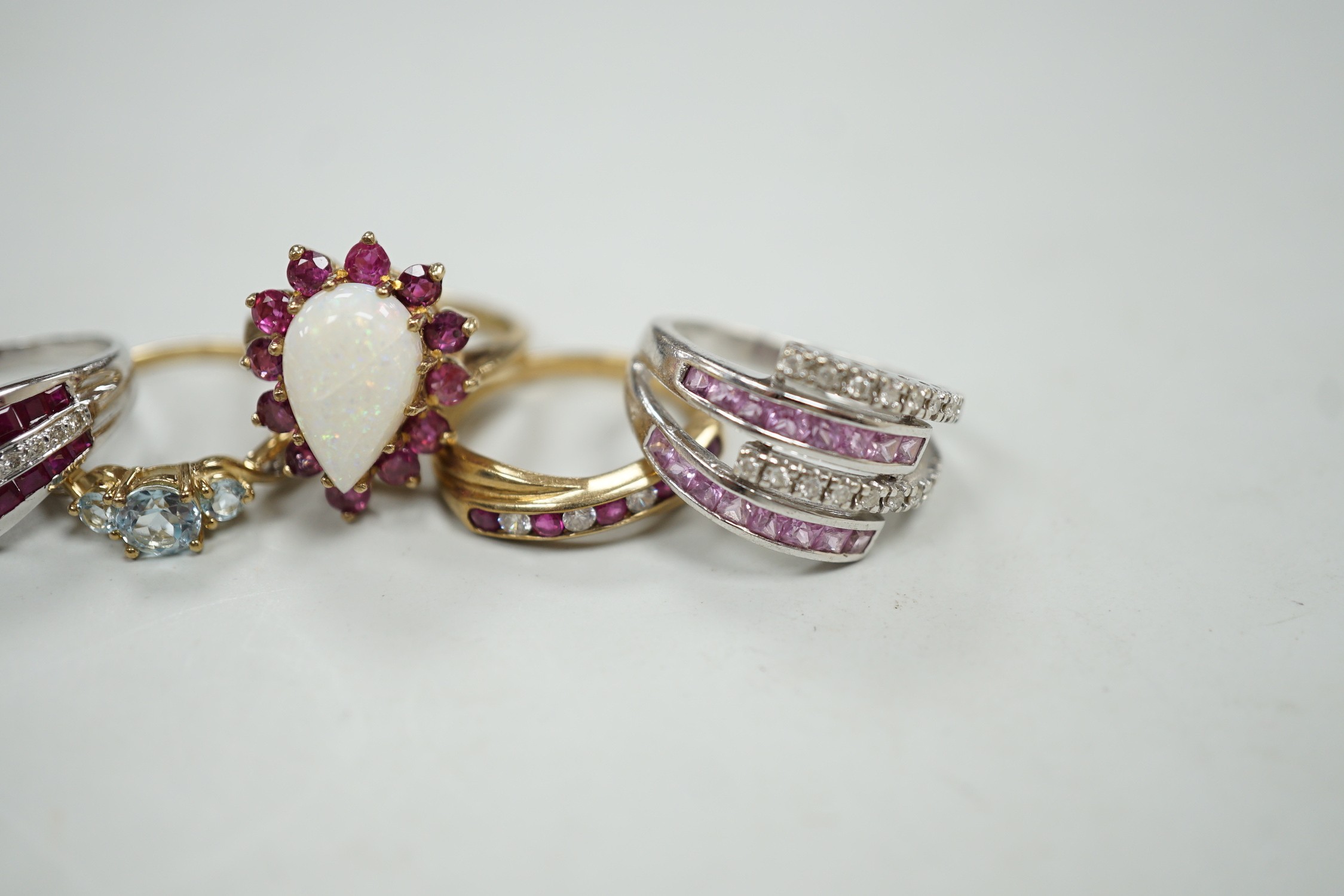 Five assorted modern 9ct gold and gem set dress rings, including ruby and diamond chip, gross weight - Image 5 of 7