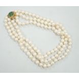 A mid to late 29th century triple strand cultured pearl choker necklace, with 14k and cabochon