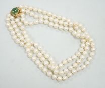 A mid to late 29th century triple strand cultured pearl choker necklace, with 14k and cabochon