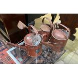 Three painted metal watering cans