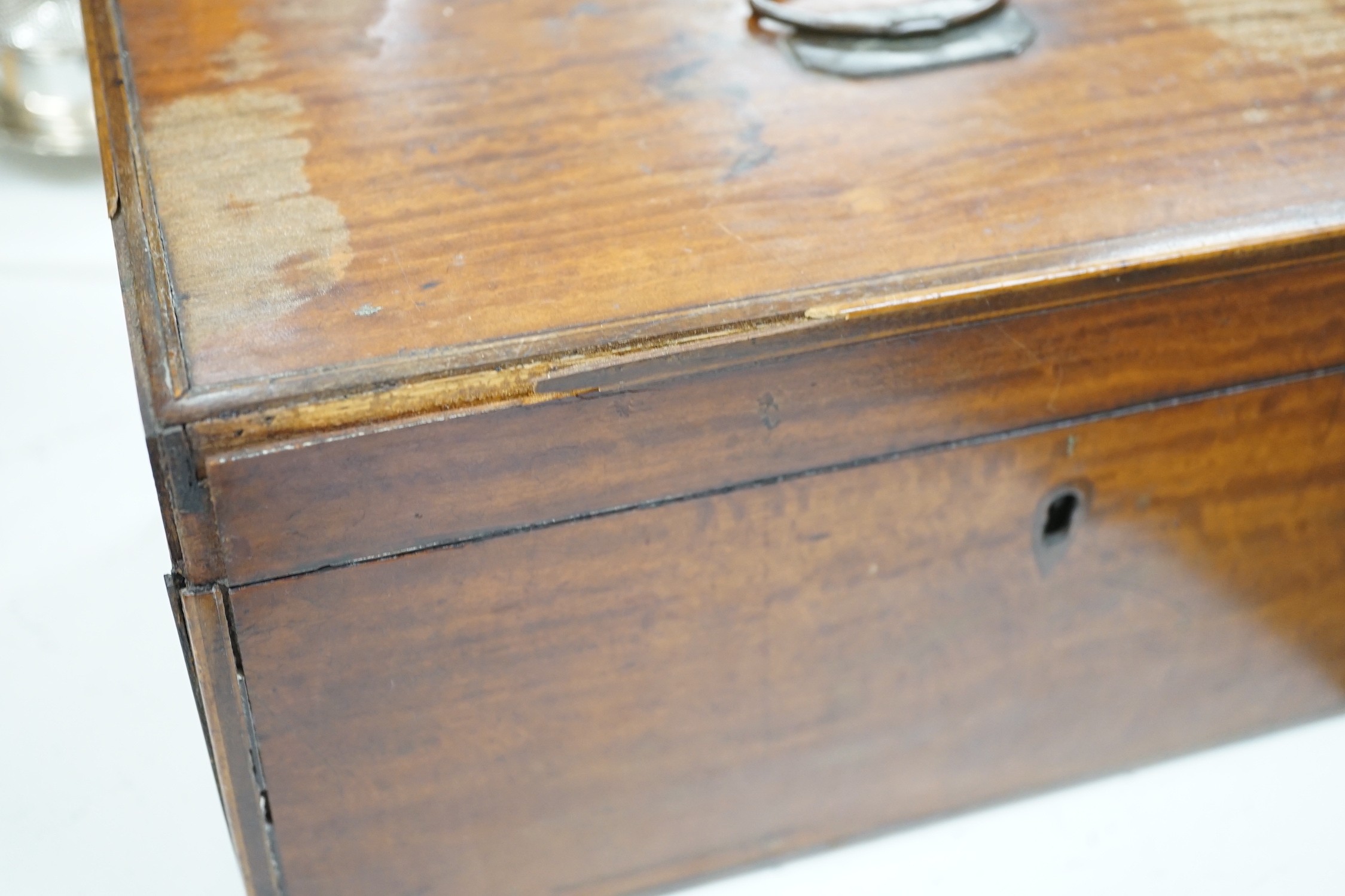 A late George III satinwood inlaid tea caddy and a later similar mahogany tea caddy, largest 30cms - Image 2 of 4