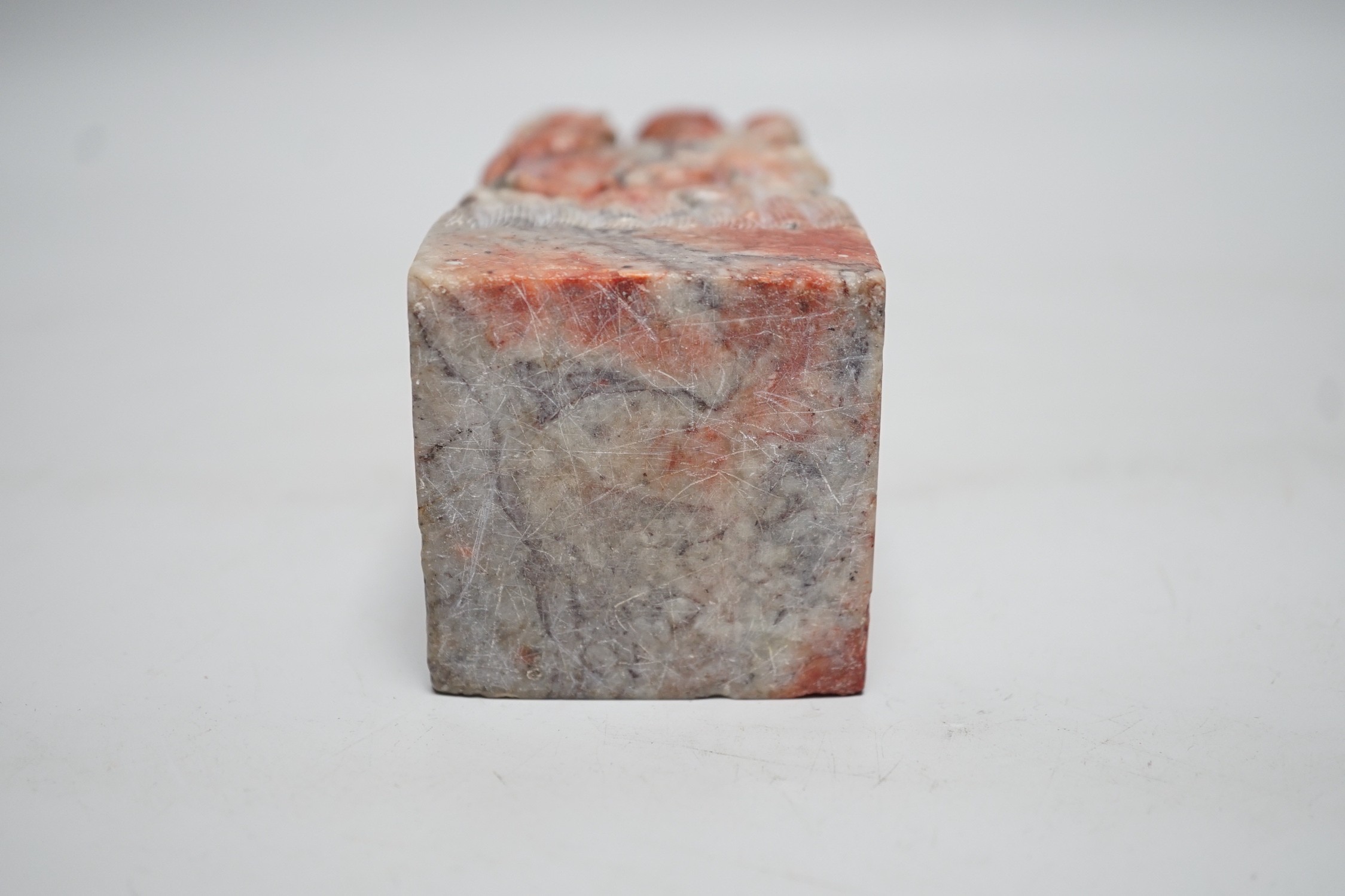 A large Chinese ‘chicken blood’ soapstone seal, Qing dynasty. 15cm - Image 6 of 6