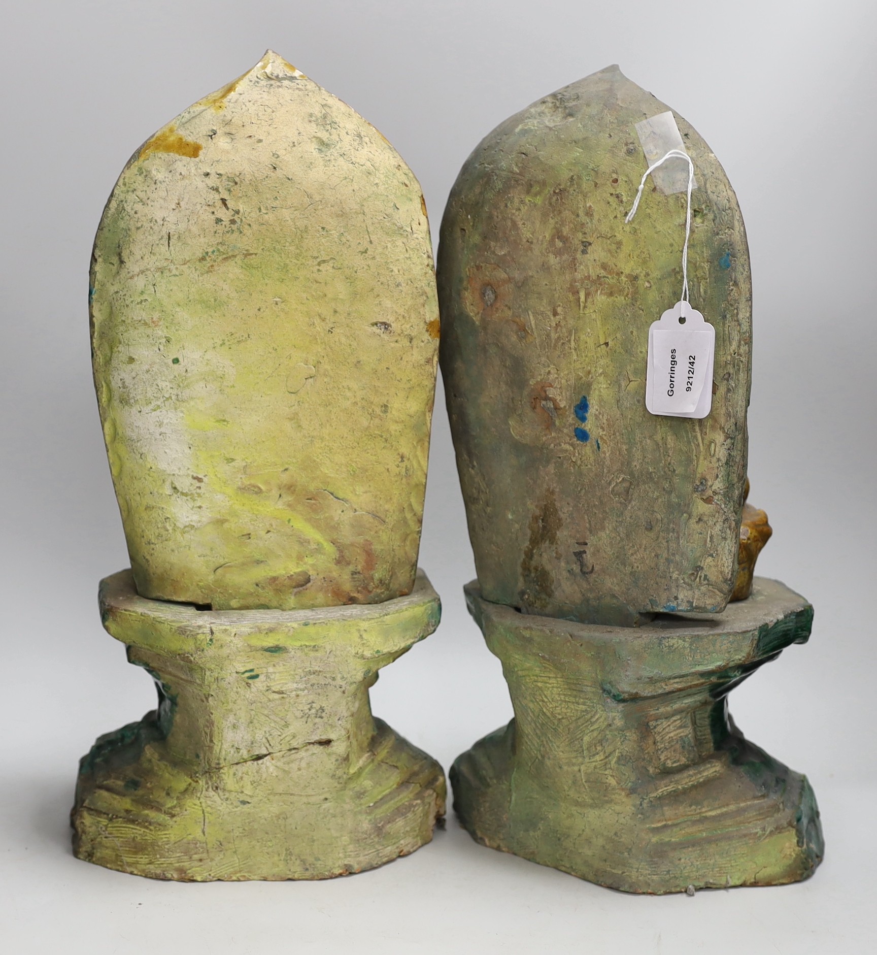 A pair of Chinese sancai glazed Buddha figures on shrines. 43cm tall - Image 2 of 2