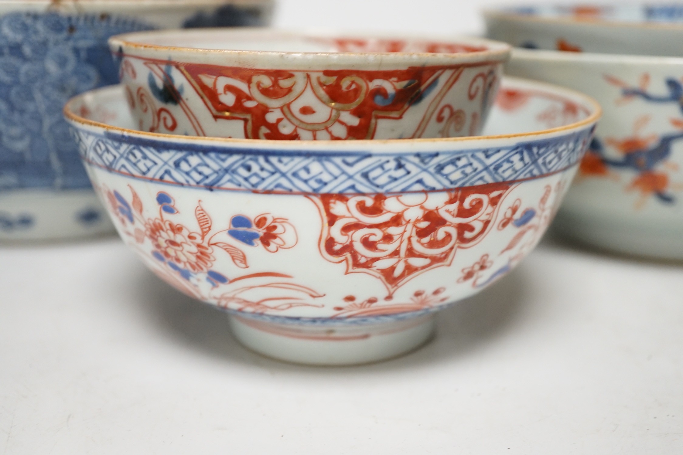 Six 18th century Chinese porcelain bowls (a.f.) and a Chinese imari plate, largest bowl 20cm - Image 5 of 13