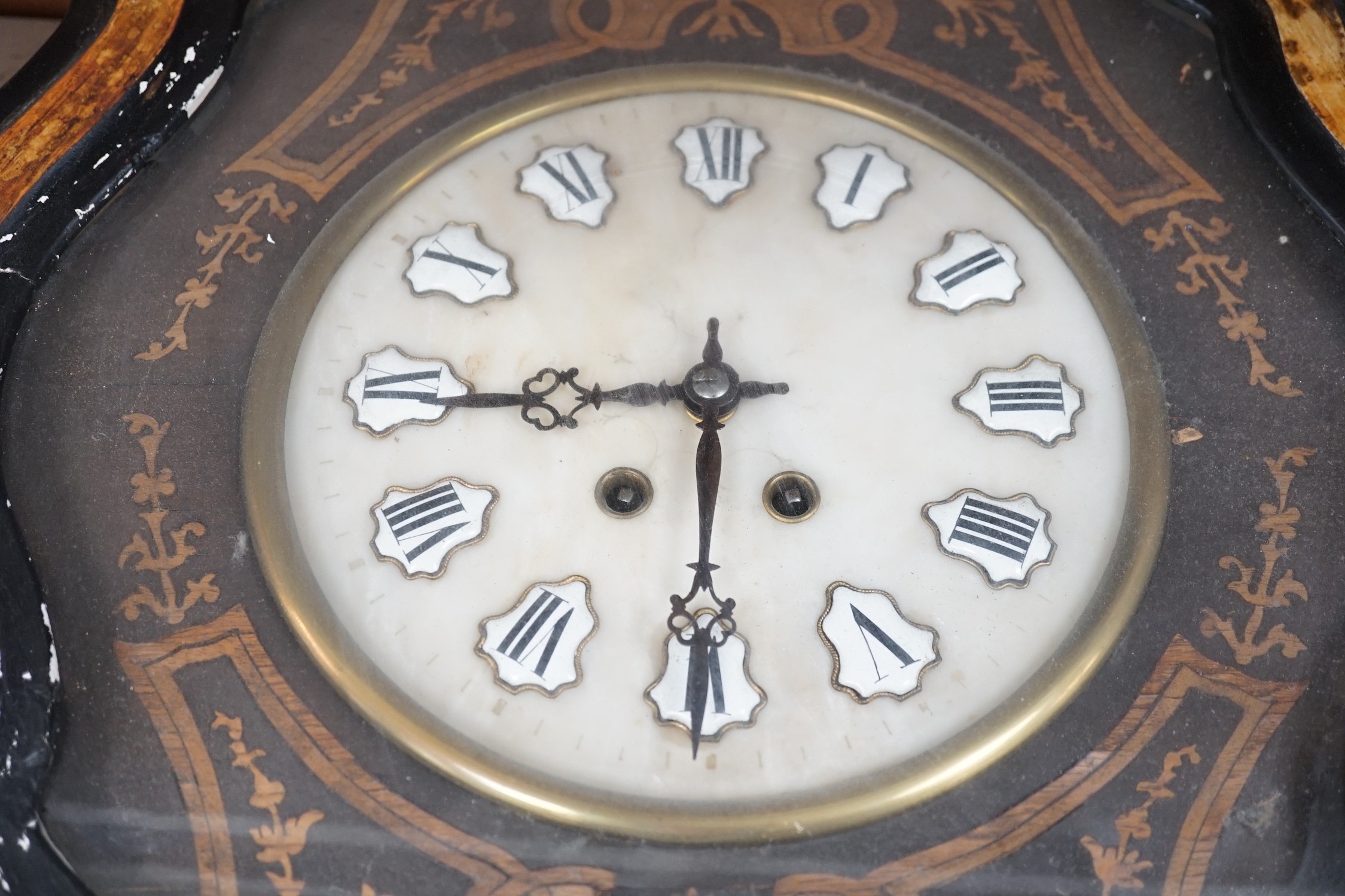 A late 19th century oval French marquetry wall clock with enamel Roman numerals, 62cms high - Image 5 of 5