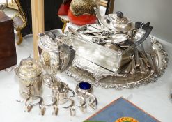 Hukin and Heath silver plated tray, another similar tray, cutlery, tea pot and coffee pot etc