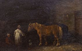After Edmund Bristow, 19th century, oil on board, Two horses in a stable, 10 x 15cm